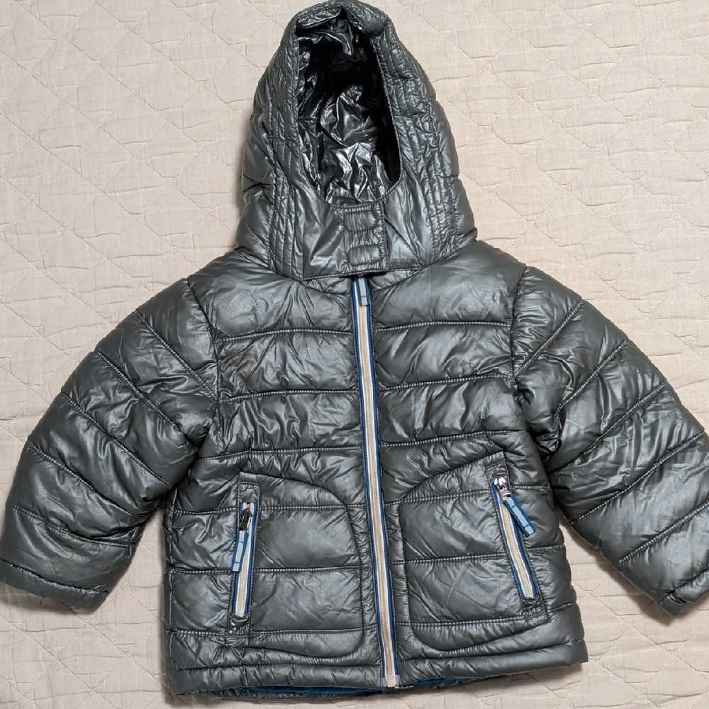 Boden Metallic Gray Hooded Kids Puffer Jacket - Gray